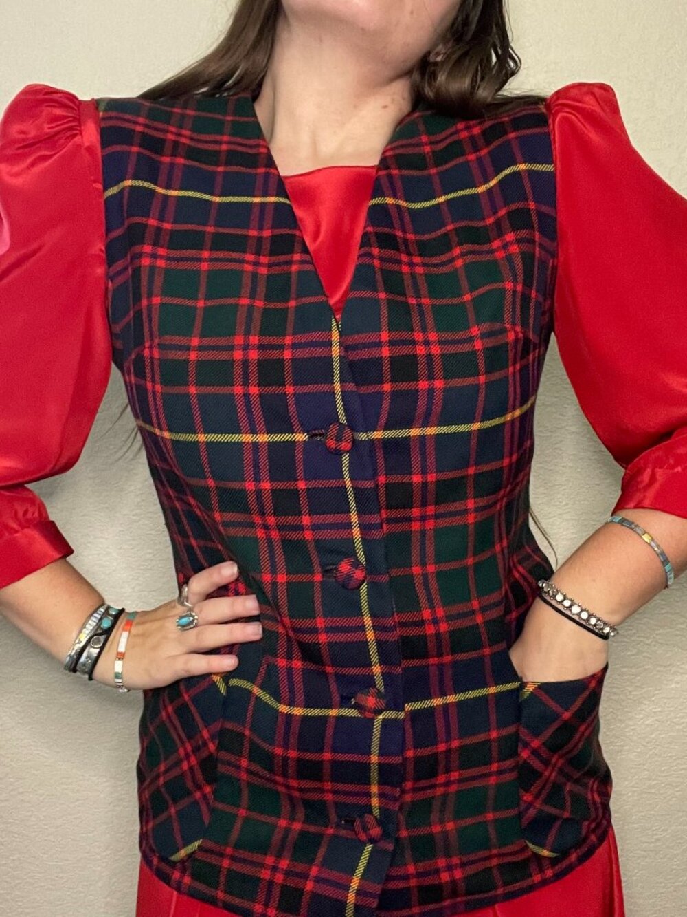 Vintage 70s Holiday Xmas Christmas Check Plaid Wool V Neck Vest | S/M